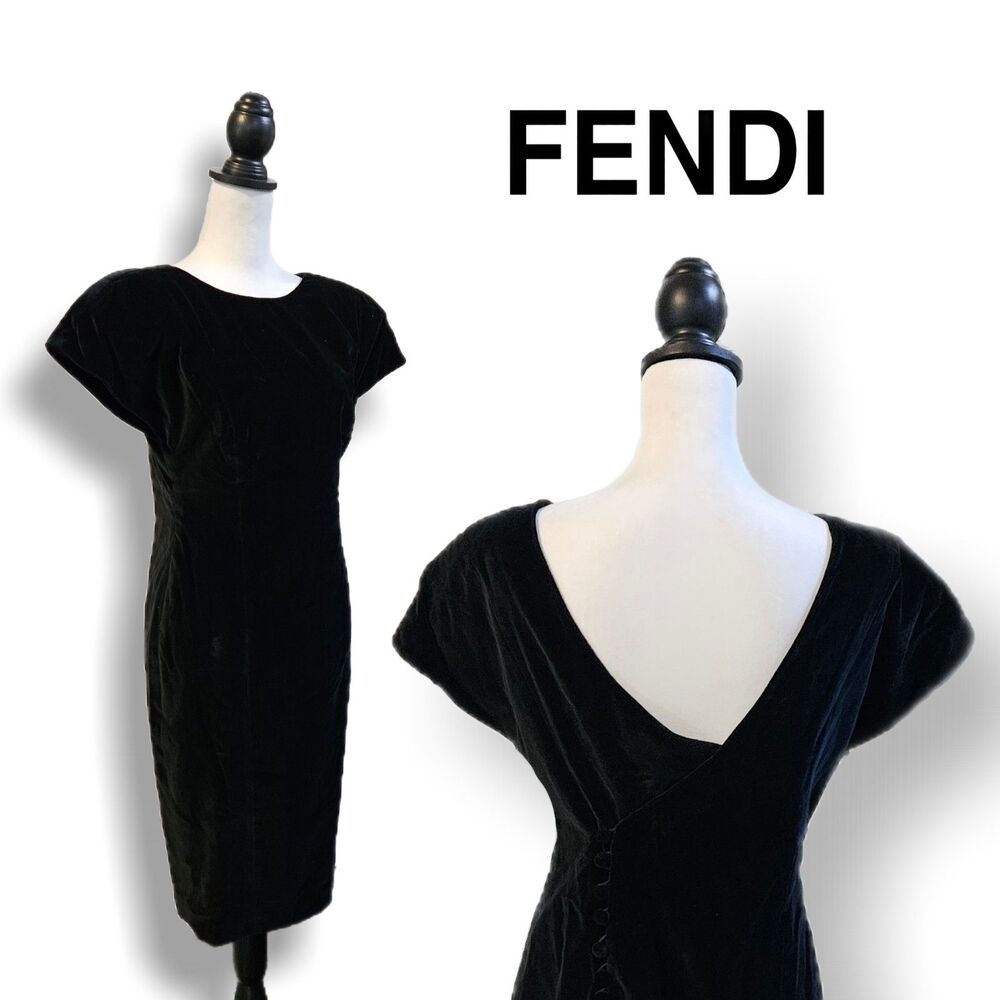 Fendi 365 Black Velvet Sheath Dress Vintage 80s Size EU 42 / US 6 ~Pristine~